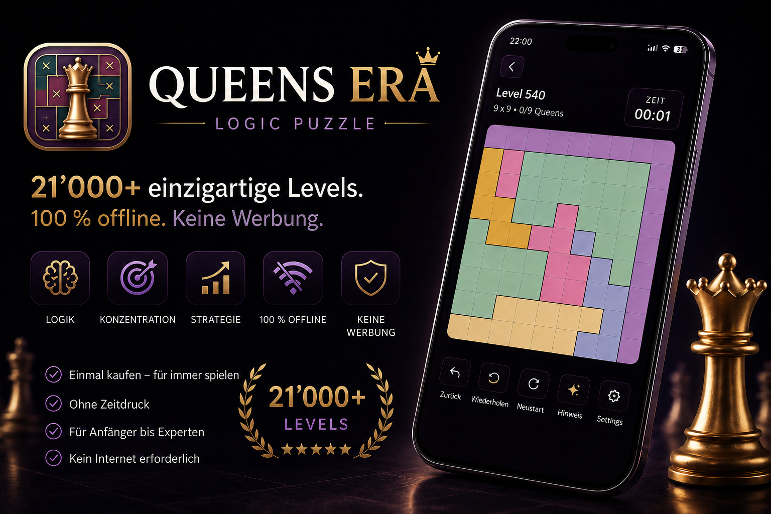 Queens Era mit App-Icon, Spielfeld und Produktmerkmalen