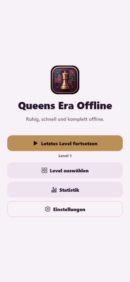 Startseite von Queens Era mit Levelauswahl, Statistik und Einstellungen