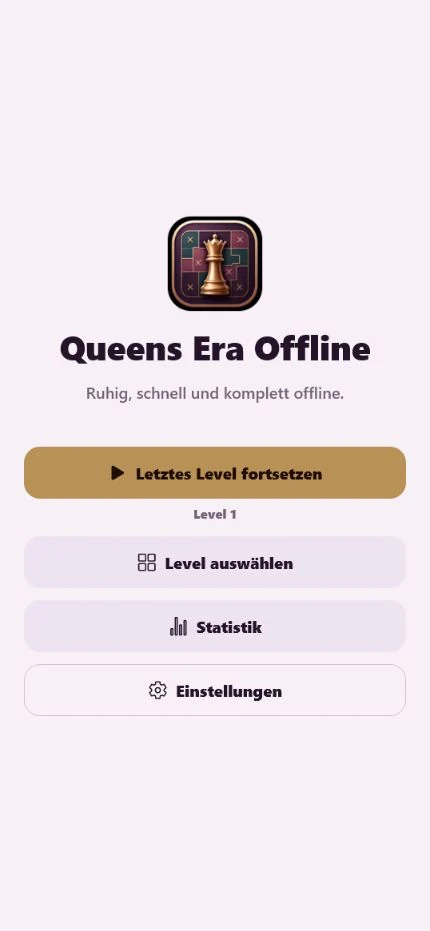 Startseite von Queens Era mit Levelauswahl, Statistik und Einstellungen