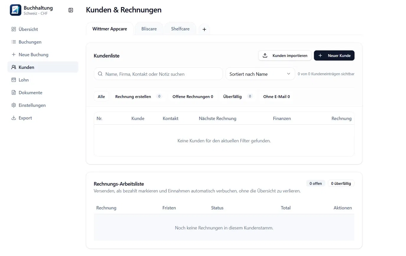 Saldocare Kunden und Rechnungen mit Kundenliste, Filtern und Rechnungs-Arbeitsliste