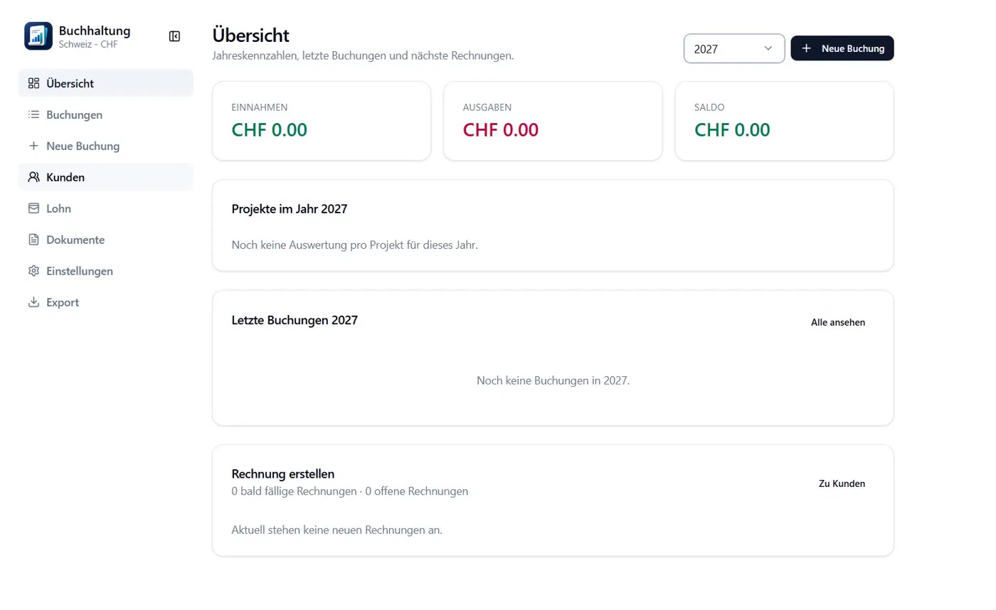 Saldocare &Uuml;bersicht mit Kennzahlen, Projekten, letzten Buchungen und Rechnungsbereich